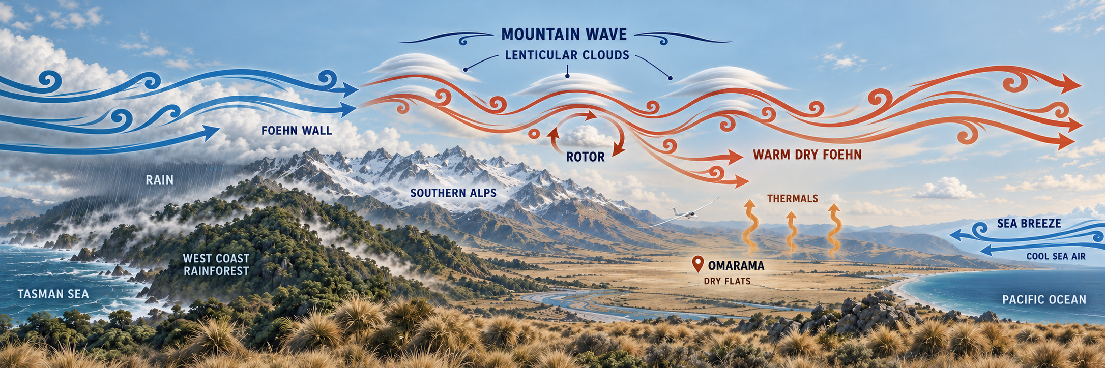 Illustrated cross-section of Southern Alps weather showing West Coast rain, mountain wave, thermals and sea breeze around Omarama